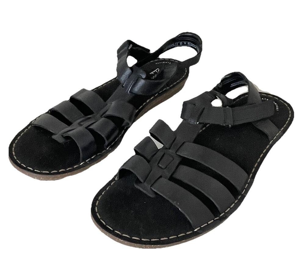 Clarks Collection Black Strappy Sandals Flats Ultimate Cushion Comfort Sz 10.5